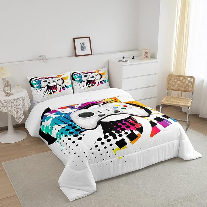 Kids Gaming Comforter Set Twin Gamer Bedding Set, Modern Console Game Controller Duvet Set For Boys Girls Teens, White Gamepad Quilt Set, Tie Dye Colorful Comforter Set Grey White Soft Bedding Set