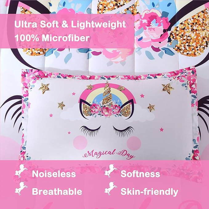 Unicorn Bedding Flower Girl Unicorn Comforter Set 3pc Soft Kid's Pink Unicorn Bedding Sets for Teen Girls