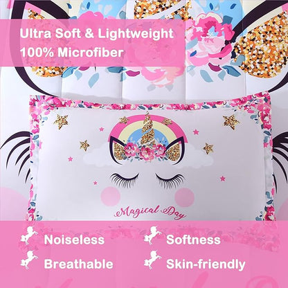 Unicorn Bedding Flower Girl Unicorn Comforter Set 3pc Soft Kid's Pink Unicorn Bedding Sets for Teen Girls