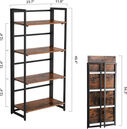 VASAGLE Industrial Bookshelf, Folding Bookcase, 4-Tier Ladder Shelf, Wood Look Accent Furniture with Metal Frame, for Home Office Sturdy and Stable ULLS88X