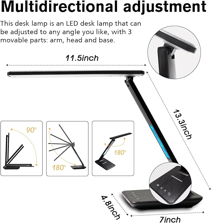 LAOPAO LED Desk Lamp with Wireless Charger, USB Charging Port, Adjustable & Foldable with Clock, Alarm, Date, Temperature, 5-Level Dimmable Lighting, for Office with Adapter
