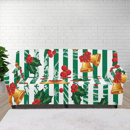 FKELYI Jingle Bell Print Christmas Sofa Cover Stretch Couch Covers Wear-Resistant Sofa Slipcovers Replacement Washable Furniture Protector with Elastic Bottom-S