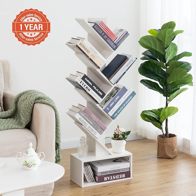 Yoobure Tree Bookshelf - 6 Shelf Retro Floor Standing Bookcase, Tall Wood Book Storage Rack for CDs/Movies/Books, Utility Book Organizer Shelves for Bedroom, Living Room, Home Office, White