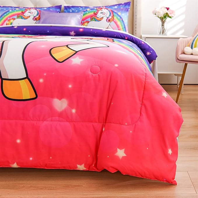 Aimuan Girls Unicorn Comforter Set 6 Pieces Pink Purple Bedding Set with Rainbow Star Galaxy Stars Fantasy Children Room Decor Soft Reversible Bed Sets for Boys/Girls/Teens (Pink-purple Full6Pcs)