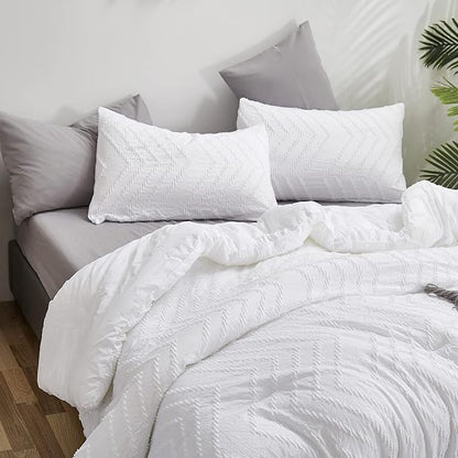 Wellboo White Tufted Jacquard Boho Comforter Set King Size White Bedding Set Shabby Chic All Season Bed Quilt Women Men White Farmhouse Embroidery Blanket Soft Adult Broken Line Wave Geometry Bed
