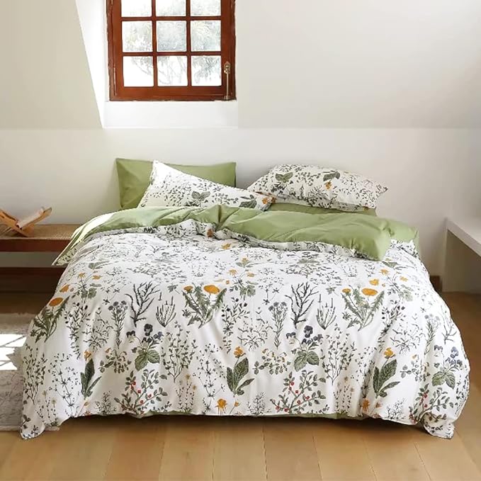 Botanical Comforter Set Twin Cotton White and Green Floral Plant Bedding Set Garden Pattern Printed on White Reversible Blanket 3 PCs 1 White Comforter 2 Pillowcases