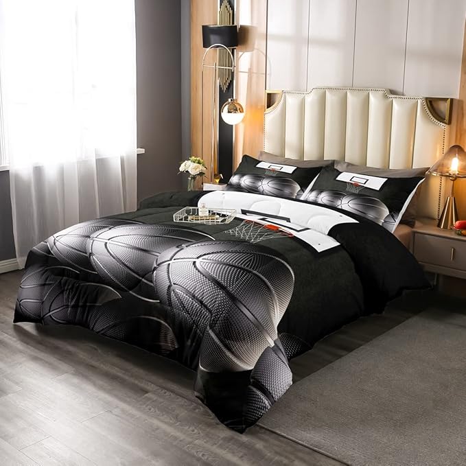 Erosebridal Boys Black Basketball Bedding Set King Kids Sports Comforter Set Teen Basketball Hoop Down Comforter Soft Lightweight Quilted Duvet 3 Pcs Basketball Lovers Bedroom Decor