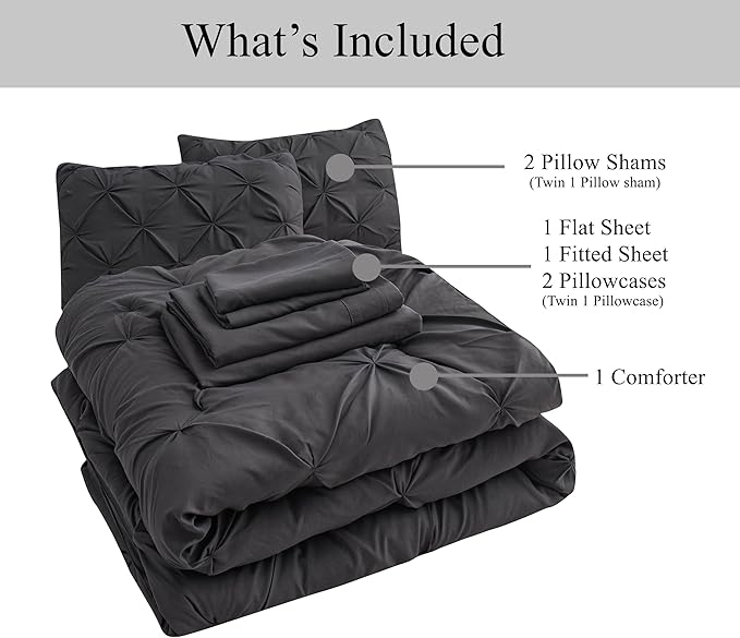 LANE LINEN Full Size Comforter Sets, 7 Piece Bed in a Bag Full Size, Soft Full Size Bedding Sets, Pintuck Comforter Sets Full Size, Full Size Bed Comforter Set with Sheets, Pillowcases & Shams - Grey