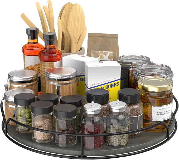 Lazy Susan Turntable Organizer with Anti-Slip Mat for Cabinet Pantry Kitchen Countertop Refrigerator Office, Pine Wood, 12", Grey…