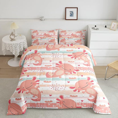 Cute Axolotl Comforter Set Twin Size Rainbow Stripes Quilt Set Animal Theme Bedding Comforters 2pcs for Kids Teens Room Decor,Pink Romantic Soft Duvet Set with 1 Pillowcase