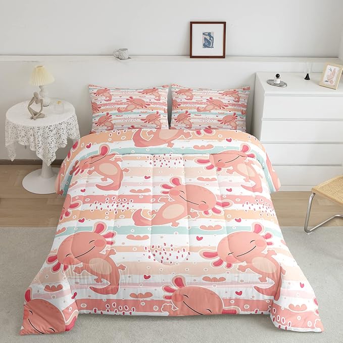 Cute Axolotl Comforter Set Queen Size Rainbow Stripes Quilt Set Animal Theme Bedding Comforters 3pcs for Kids Teens Room Decor,Pink Romantic Soft Duvet Set with 2 Pillowcases