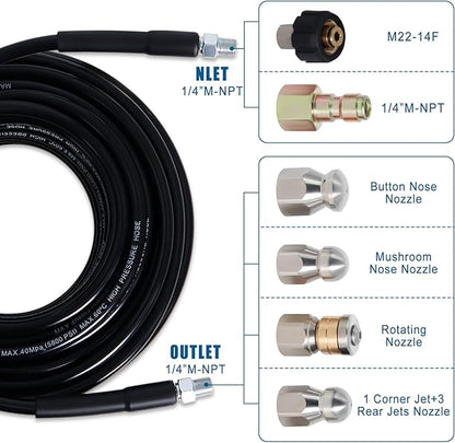 150FT Sewer Jetter Kit for Pressure Washer, 5800PSI Drain Cleaner Hose 1/4 Inch NPT Corner with 4 Sewer Jetting Nozzles，Waterproof Tape，Pearl Corsage Pin，Handle Strap & 2 Spanners (Black)