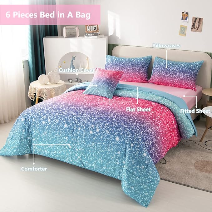PERFEMET Girls Comforter Set Twin Size 6 Piece Bed in A Bag 3D Colorful Rainbow Bedding Comforter Sheet Set for Kids - (1 Comforter, 1 Flat Sheet, 1 Fitted Sheet, 2 Pillowcases, 1 Cushion Cover)