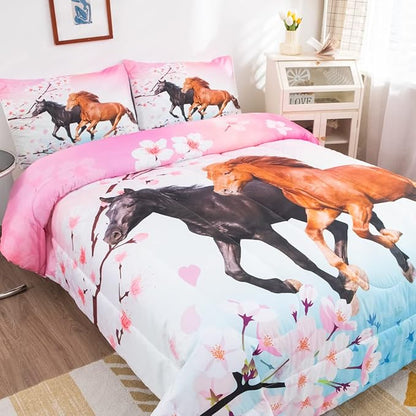 Feelyou Girls Horse Comforter Set Full Size Galloping Horses Bedding Set for Kids Teens Cherry Blossom Comforter 3D Wild Animal Duvet Set Farmhouse Bedroom Decor Quilt Set with 2 Pillow Cases 3Pcs