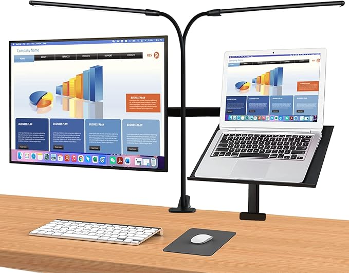 Desk Lamp, Clamp on Lamp with 2 LED Tubes, 13W, 1200 Lms, 3 Color Modes, 10 Brightness Levels, 18.5 Inches Flexible Gooseneck LED Clip Book Light for Reading, Working (Adapter Included)