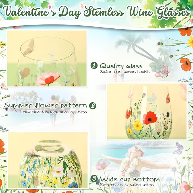 Sliner 2 Pack 17oz Wildflower Stemless Wine Glasses Floral Butterfly Drinking Glasses Spring Flowers Tumbler Cups for Graduation Wedding Mother's Day Birthday Drinking Party Favors