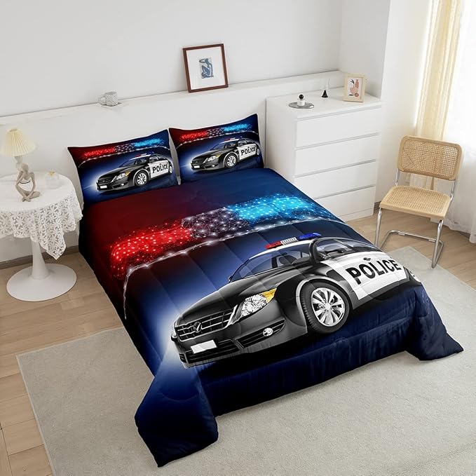 Erosebridal Police Car Comforter Sets Twin Size,Policeman Vehicle Bedding Set for Kids Boys Children,Red Blue Cop Lights Down Comforter Geometric Graphics Duvet Sets Bedroom Decor with 1 Pillow Case