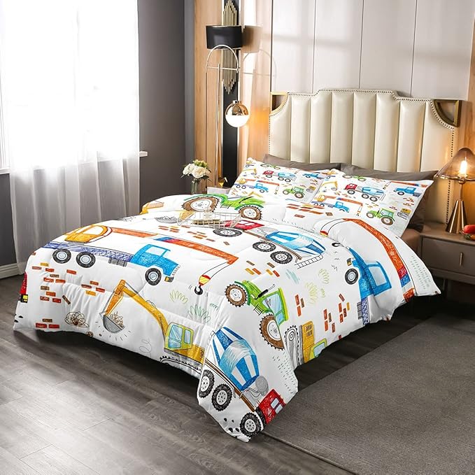 Boys Excavator Bedding Set Construction Vehicles Comforter Set for Kids Girls Watercolor Tractor Crane Truck Comforter Colorful Design Quilt Room 3Pcs Full Size Boys