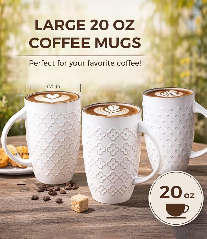 AmorArc Large Coffee Mugs Set of 4, 20oz Tall Coffee Mugs Set | with Texture Patterns for Cappuccino, Latte,Hot Cocoa, Dishwasher & Microwave Safe-Off White