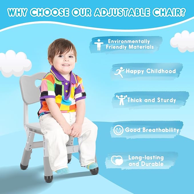 Kids Chair Height Adjustable Toddler Chair Max Load 220LBS Plastic Indoor Outdoor Chair for Children Age 1-6 School Home Daycare Use Grey