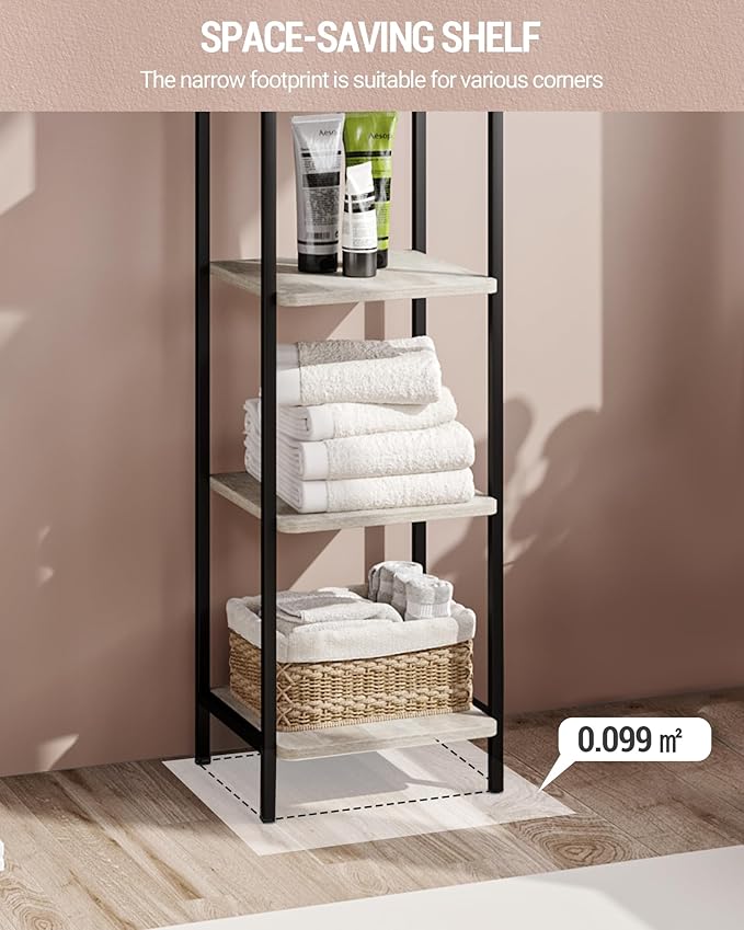 Bookcase Bookshelf, Narrow Book Shelf, Industrial Coner Shelf Storage Organizer, Slim Shelving Unit for Home Office, Living Room, Bedroom, Kitchen, 4-Tier Greige BC24405B