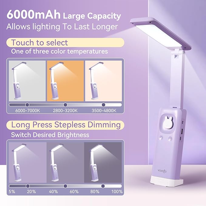 VAVOFO Battery Operated Lamp Rechargeable Lamp Foldable & Portable Light,15 light dimming modes Cordless Lamp,cute desk lamp,6000mAh Battery Lights,LED Battery Lights,Modern office desk lamp