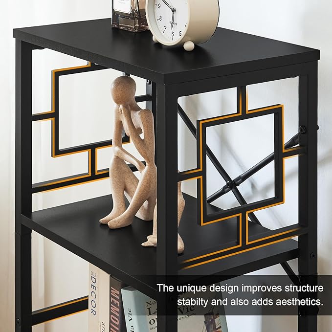 Bookshelf, Vintage Industrial 4 Tier Bookshelf, Freestanding Narrow Bookcase with Rustic Wood and Metal, Small Bookshelf for Home Office, Bedroom & Living Room, Black
