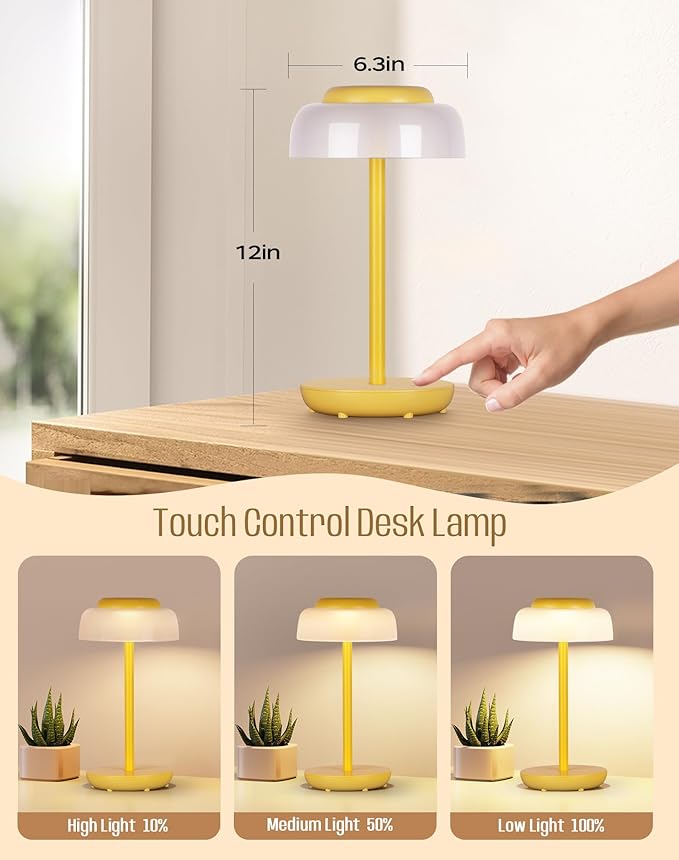 QiMH Battery Operated LED Table Lamp, 5000mAh Cordless Desk Lamp with 3 Level Brightness Touch Control, Mini Rechargeable Night Light for Living Room, Bedroom, Outdoor bar (Yellow)
