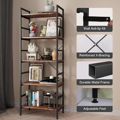 5 Tier Tall BookShelf,Bookcase with Steel Frame,Home Office Modern Bookcase Shelf for Bedroom/Living Room/Home Office - Rustic Brown Storage Rack for Books,Garage Kit, CDs and Movies