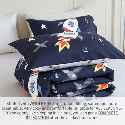 RYNGHIPY Kids Comforter Set Queen Size, Cute Space Rocket Bedding Set for Boys Girls, Space Themed Teen Boy Bedding (Space Rocket,Queen)