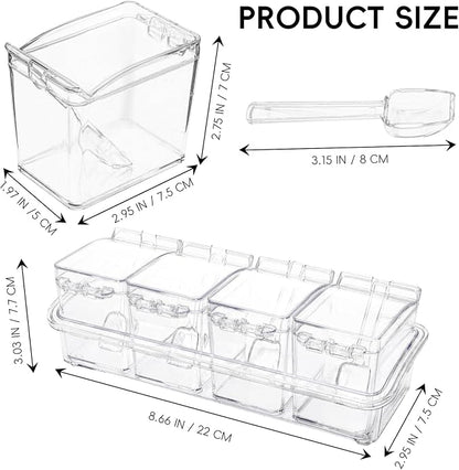 Clear Seasoning Box, 4 Pieces Seasoning Rack Spice Pots, Storage Container Condiment Jars Acrylic Seasoning Box with Covers and Spoons for Spice, Sugar, Salt, Sugar, Cardamon, Cinnamon