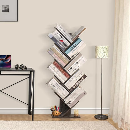 10 Tier Tree Book Shelf, Floor Standing Wood Bookshelf for Narrow Space, Storage Organizer Bookshelves for Books/CDs/Magazine, Bookcase with Shelves for Home Office, Living Room - Dark Grey