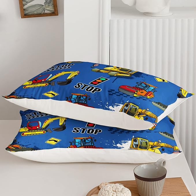 Axolotl Blue Excavator Bedding Queen,3Pcs Boys Construction Comforter Set,Cartoon Machinery Truck Bedding Set for Boys Kids Children Teens Bedroom Decor Cars Quilt Set with 1 Comforter 2 Pillowcase