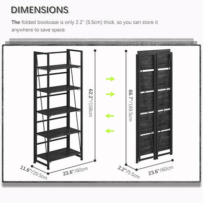 4NM No-Assembly Folding Bookshelf Storage Shelves 5 Tiers Vintage Bookcase Standing Racks Study Organizer Home Office (Gray)