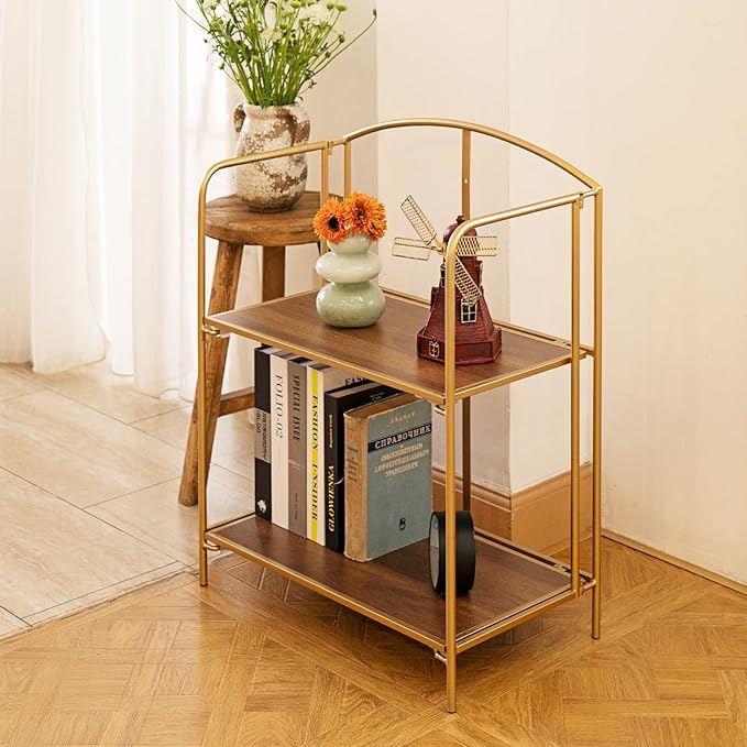 No Assembly Folding Bookshelf for Living Room, 2 Tier Gold Collapsible Book Shelf for Home Office, Portable Bookcase Storage Organizer