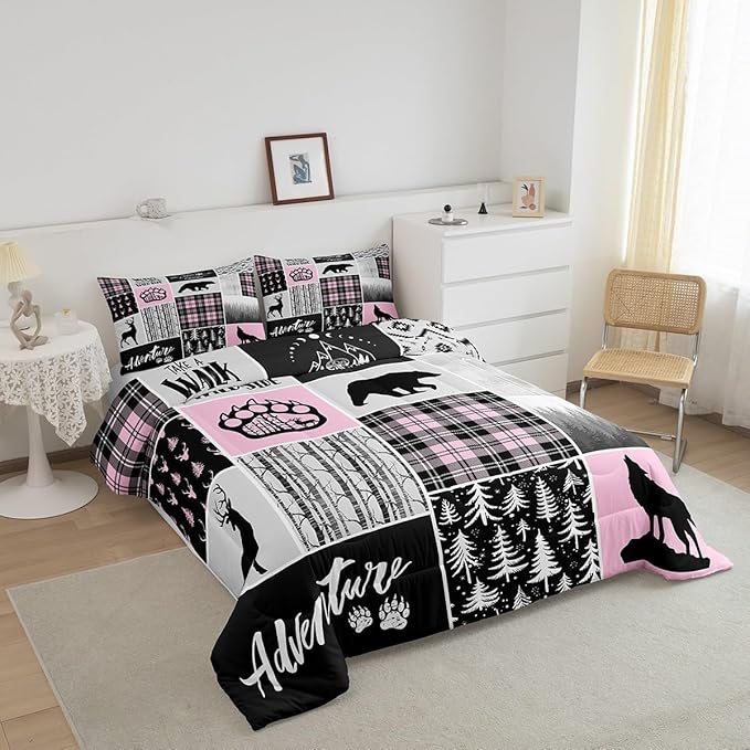Rustic Farmhouse Comforter Set King Size,Deer Bear Wolf Hunting Animals Bedding Set for Kids Boys Girls Adults Room Decor,Pine Trees Patchwork Down Comforter,Pink Xmas Duvet Insert,2 Pillowcases