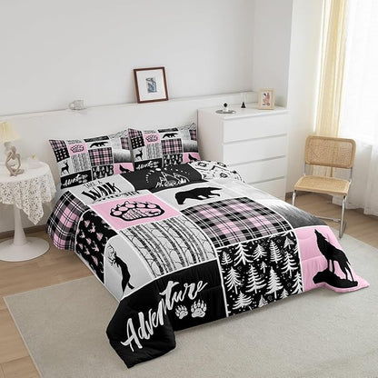 Rustic Farmhouse Comforter Set Twin Size,Deer Bear Wolf Hunting Animals Bedding Set for Kids Boys Girls Adults Room Decor,Pine Trees Patchwork Down Comforter,Pink Xmas Duvet Insert,1 Pillowcase