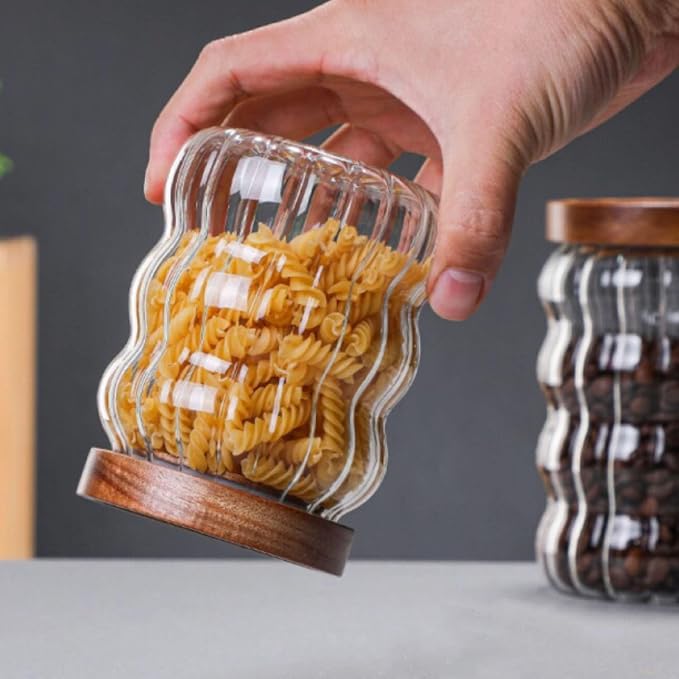 Glass Food Storage Container Jar with Airtight Seal Acacia Wood Lids Kitchen Clear Glass canister Coffee, Bean,Tea,Spice Containers Sugar,Cookies,Nuts,Snack,Candy Jar