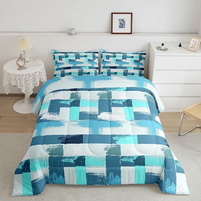 Teal Blue Stripes Comforter Set for Girls Boys Kids Turquoise Stripe Line Bedding Set Geometric Down Comforter Room Decor Abstract Art Gradient Ombre Quilt King Size Duvet Set 3Pcs Boys
