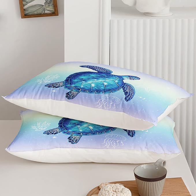 Turtle Comforter Queen Size,Ocean Comforter Set for Kids Teens Girls Boys,3Pcs Bedding Set Printed Comforter with 2 Pillowcases,Down Alternative,Soft and Lightweight(Blue，Queen Size)