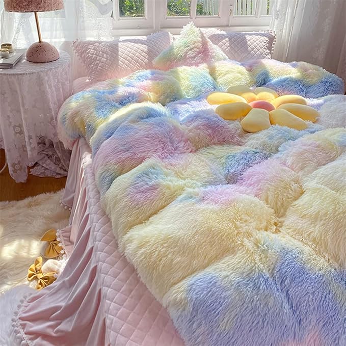 Faux Fur Kids Girls Sunshine Rainbow Comforter Sets King - 3PC Bed Set Warm Comfortable Soft Plush Flannel Velvet Fluffy Fuzzy Bedding（Comforter x 1 Pillowcases x 2）