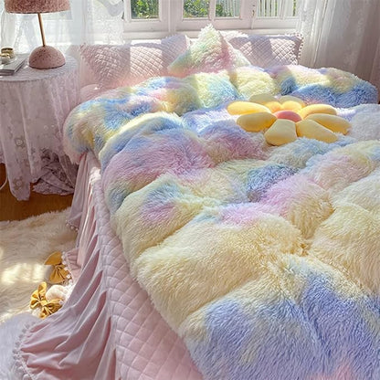Faux Fur Kids Girls Sunshine Rainbow Comforter Sets King - 3PC Bed Set Warm Comfortable Soft Plush Flannel Velvet Fluffy Fuzzy Bedding（Comforter x 1 Pillowcases x 2）
