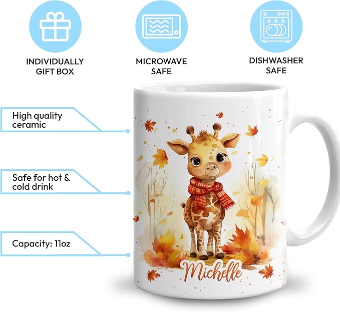 Hyturtle Personalized Fall Giraffe Maple Leaves Coffee Mug Gift on Birthday | Gifts For Giraffe Lovers - Fall Autumn Decor Gifts For Farmhouse Thanksgiving - Custom Name 11oz White Ceramic Coffee Tea Mug