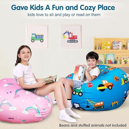 Lukeight Stuffed Animal Storage Bean Bag Chair Cover for Kids, Zipper Beanbag Chair Cover for Organizing Toddler & Kids' Rooms Plush Toys (Construction Velvet, X-Large)
