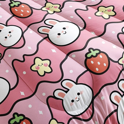 Kawaii Rabbit Comforter,Strawberry Rabbit Comforter Set for Kids Teens Girls,3Pcs Bedding Set Printed Comforter with 2 Pillowcases,Down Alternative,Soft and Lightweight(Pink，Full Size)