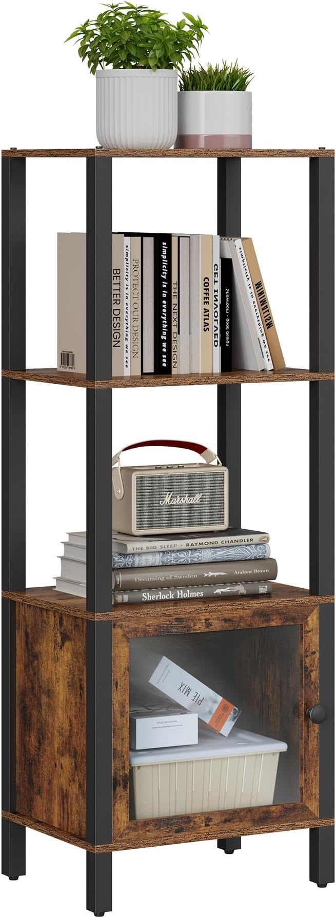 TUTOTAK 4 Tier Bookcase and Bookshelf, Narrow Book shelf with Door for Small Space, for Living Room, Office, Study, Entryway, Brown BS03BB004