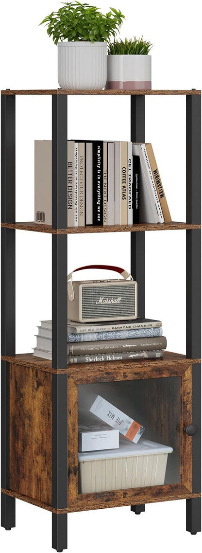 TUTOTAK 4 Tier Bookcase and Bookshelf, Narrow Book shelf with Door for Small Space, for Living Room, Office, Study, Entryway, Brown BS03BB004