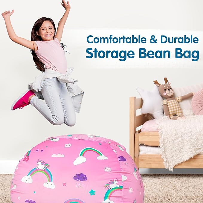 Lukeight Unicorns Stuffed Animal Storage Bean Bag Chair Cover for Kids, Unicorns Zipper Beanbag Chair Cover for Organizing Toddler & Kids' Rooms Plush Toys (Rainbow Pink, X-Large)