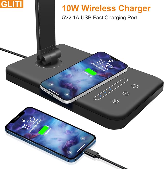 LED Desk Lamp with Wireless charging，Dimmable Desk Light, 5 Light Colors, 6 Brightness Levels, Touch Control Table Lamp with USB Rechargeable, Auto Timer, for College Dorm, Home, Office