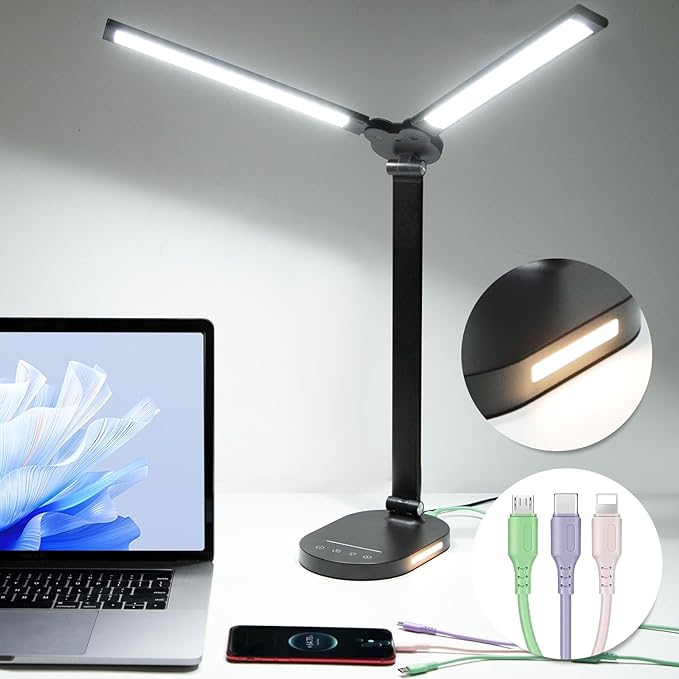 LED Desk Lamps for Home Office, 14W Double Swing Arm Desk Lamp with USB Charging Port, Eye-Caring Architect Task Lamp, Touch Control Desktop Lamp with Night Light Table Light for Work Study Craft